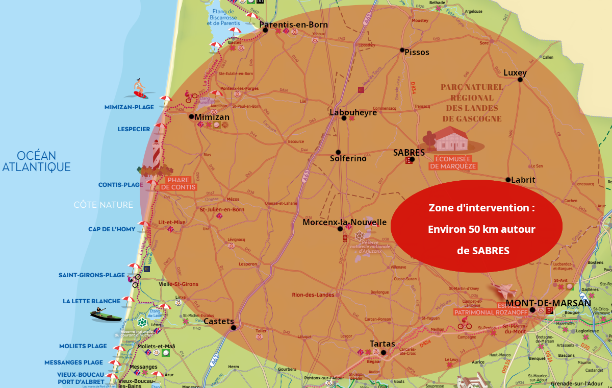 Carte de la zone d'intervention autour de Sabres